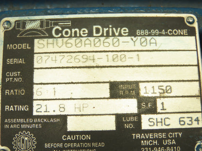 Conedrive SHV60A060-Y0A Gearbox Speed Reducer 6:1 Ratio 22Hp 191RPM Hollow Shaft