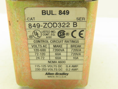 Allen Bradley 849-ZOD322 Pneumatic Time Delay Relay 120V Coil 7200VA 600V