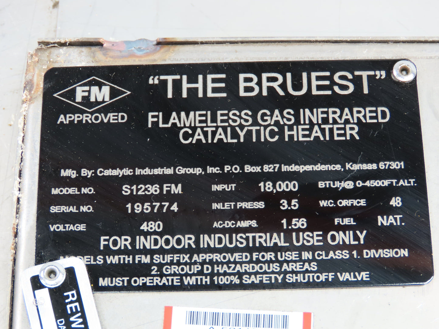 The Bruest S1236FM Flameless Gas Infrared Catalytic Heater 18,000 Btu 480v