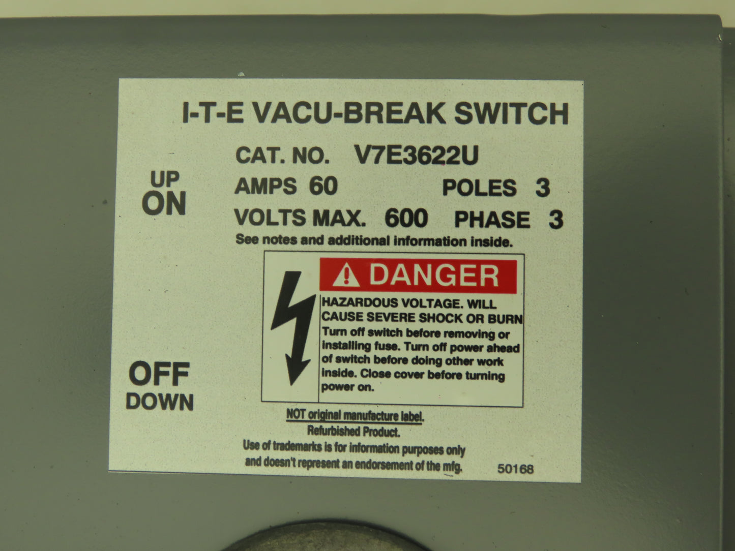 I-T-E V7E3622U Twin Panel Board Switch 60A 600V 3Ph 3 Pole Fusible