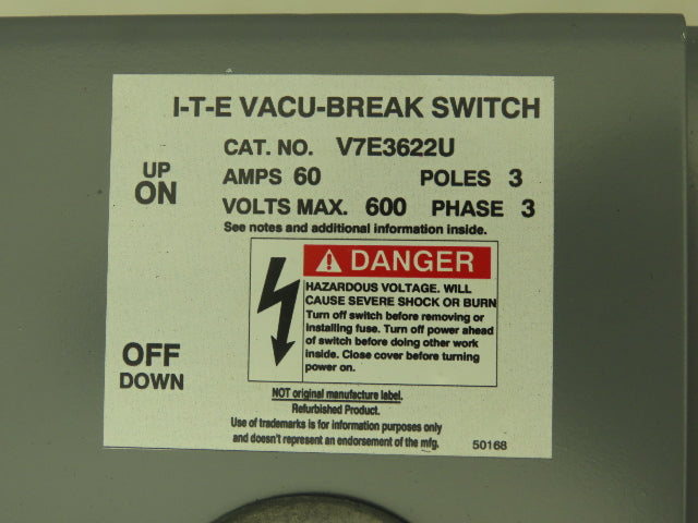 I-T-E V7E3622U Twin Panel Board Switch 60A 600V 3Ph 3 Pole Fusible