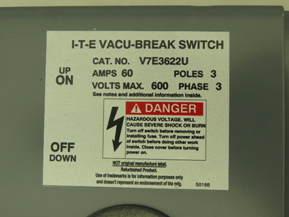 I-T-E V7E3622U Twin Panel Board Switch 60A 600V 3Ph 3 Pole Fusible