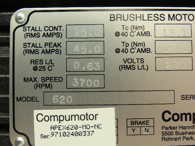 Parker 21BRCX-600-J39 APEX620-MO-NC Compumotor Brushless Servo Motor Encoder