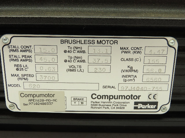 Parker 21BRCX-600-J39 APEX620-MO-NC Compumotor Brushless Servo Motor Encoder