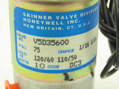 Honeywell Skinner V5D35600 Solenoid Valve 3-Way 4-Port (NC) 120V 75PSI 1/8" NPT