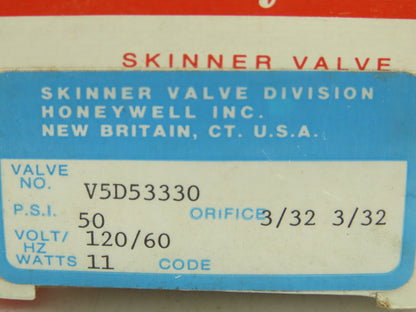 Honeywell Skinner V5D53330 Solenoid Valve 3-Way (NC) 120VAC 50 PSI 1/8" NPT V5