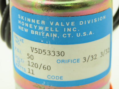 Honeywell Skinner V5D53330 Solenoid Valve 3-Way (NC) 120VAC 50 PSI 1/8" NPT V5