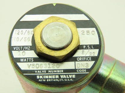 V5D63120 Skinner Solenoid Valve 2-Way 120VAC 250 PSI 1/8" NPT Manual Shut-Off