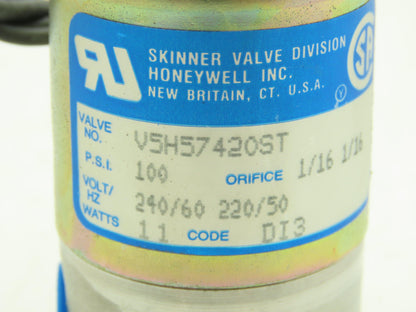 Honeywell Skinner V5H57420 Solenoid Valve 3-Way (NC) 220VAC 100 PSI 1/4" NPT V5