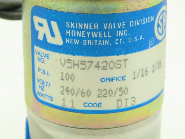 Honeywell Skinner V5H57420 Solenoid Valve 3-Way (NC) 220VAC 100 PSI 1/4" NPT V5