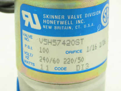 Honeywell Skinner V5H57420 Solenoid Valve 3-Way (NC) 220VAC 100 PSI 1/4" NPT V5