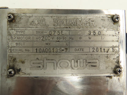 Showa SKM-075L Oil Skimmer 3" Wide Belt 12" Immersed 200V 3Ph Motor 1600 RPM