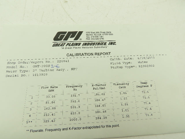 Great Plains GNT-200S2-6 GPI Turbine Flow Meter 2"MNPT Stainless 330GPM G Series