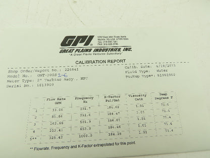 Great Plains GNT-200S2-6 GPI Turbine Flow Meter 2"MNPT Stainless 330GPM G Series