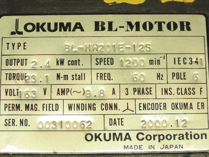 Okuma BL-MH201E-12S Servo Motor BL Series 1200RPM 2.4KW
