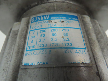 Nissei G3LB-40-160-075 GTR Gearmotor 160:1 0.75kw 220V 3 Ph 10.8 RPM DC Brake
