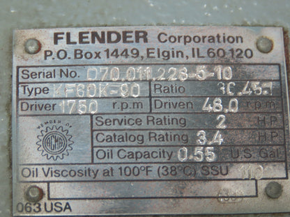 Flender KF60K-90 Speed Reducer Gearbox 36:1 Ratio 48 RPM RH 1-3/8" Output