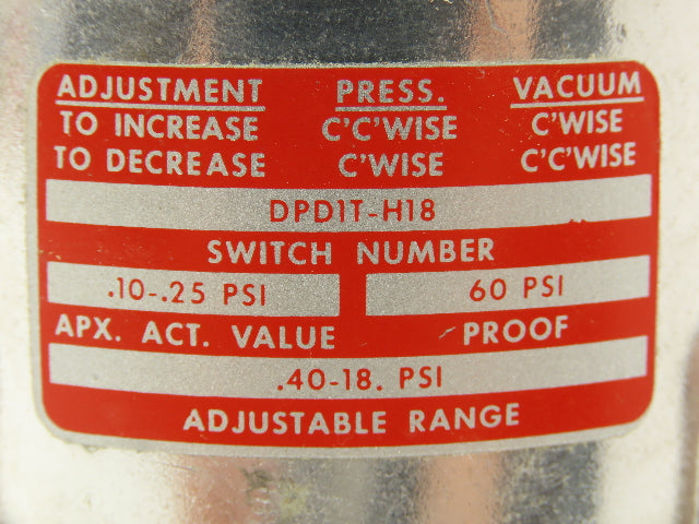 Barksdale DPD1T-H18 Diaphragm Pressure Switch 0.40-18 PSI Range 60PSI Max