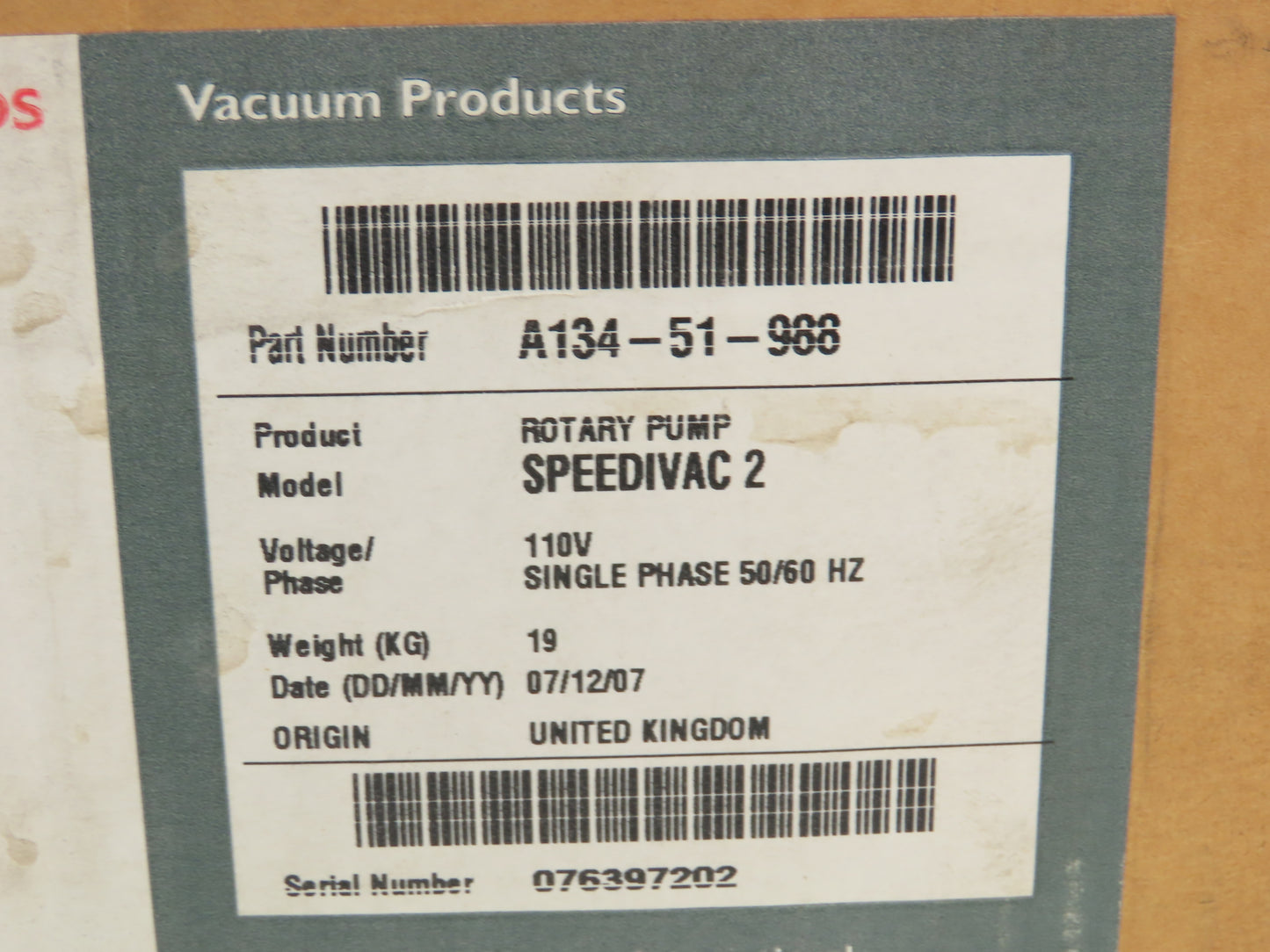 Edwards Speedivac 2 Single Stage Sliding Vane Vacuum Pump Tyco 115V 1PH