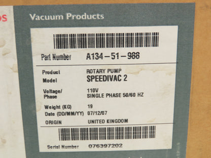 Edwards Speedivac 2 Single Stage Sliding Vane Vacuum Pump Tyco 115V 1PH