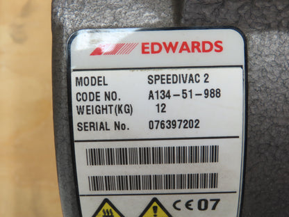 Edwards Speedivac 2 Single Stage Sliding Vane Vacuum Pump Tyco 115V 1PH