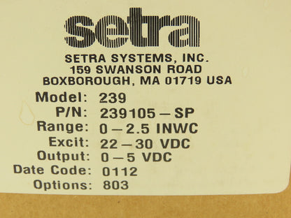 Setra 239 Pressure Transducer Sensor 0-2.5" WC 22-30 VDC 239105-SP