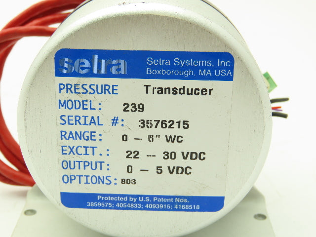 Setra 239 Pressure Transducer Sensor 0-5" WC 22-30 VDC