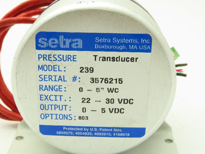 Setra 239 Pressure Transducer Sensor 0-5" WC 22-30 VDC