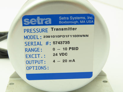 Setra 239 Pressure Transducer Sensor 0-10 PSID 24 VDC 4-20Ma