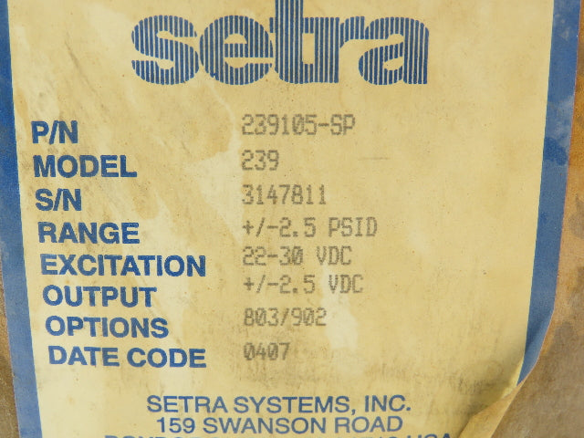Setra 239 Pressure Transducer Sensor +/-2.5 PSID 22-30 VDC