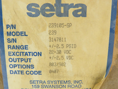 Setra 239 Pressure Transducer Sensor +/-2.5 PSID 22-30 VDC