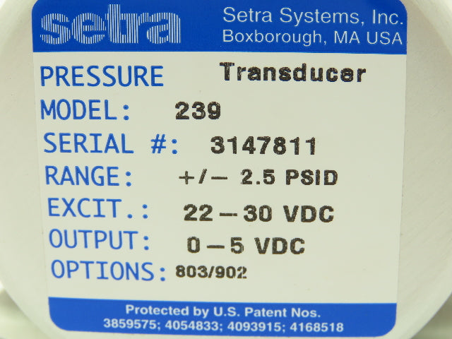 Setra 239 Pressure Transducer Sensor +/-2.5 PSID 22-30 VDC
