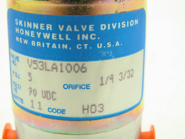 Honeywell V53LA1006 1/8" NPT 3-Way Skinner Solenoid Valve 90VDC N.0. 5 Psi.
