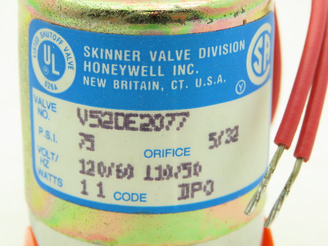 Honeywell V52DE2077 1/4" 2-Way Skinner Solenoid Valve 120V N.C. 75 Psi.