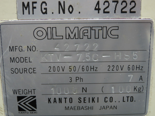 Kanto Seiki KTV-7.5C-HS5 Automatic Liquid Temp. Regulator .5hp Pump 220v 3ph