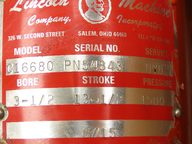 Lincoln Machine C16680 Hydraulic Cylinder 3-1/2" Bore 13-1/2" Stroke 1500 Psi.