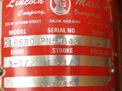 Lincoln Machine C16680 Hydraulic Cylinder 3-1/2" Bore 13-1/2" Stroke 1500 Psi.