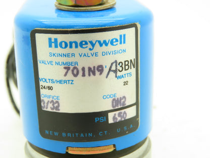 Honeywell Skinner 701N9A3BN Solenoid Valve 2-Way NC 24VAC 60Hz 650 PSI 1/4" NPT