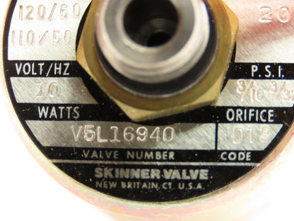 Honeywell Skinner V5L16940 Solenoid Valve 3-Way NC 120V 20 PSI 1/8" NPT