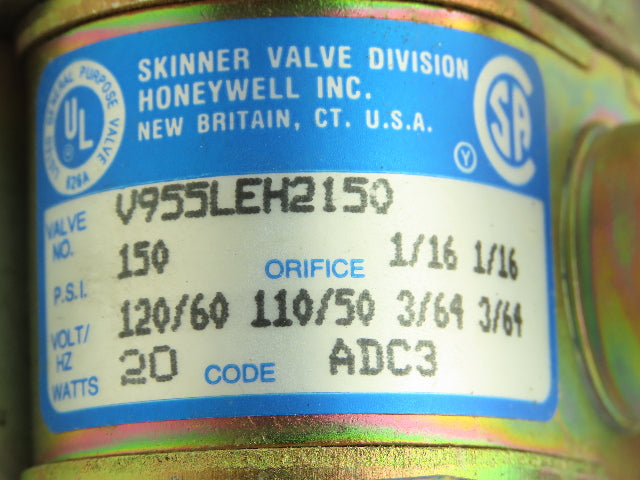 Honeywell Skinner V955LEH2150 Solenoid Valve 4-Way NO/NO 150V 20 PSI 1/4" NPT