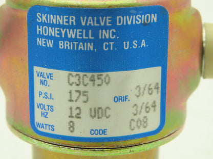 Honeywell Skinner C3C450 Brass Solenoid Valve 1/8"NPT 3 Way NC 12VDC Coil 175PSI