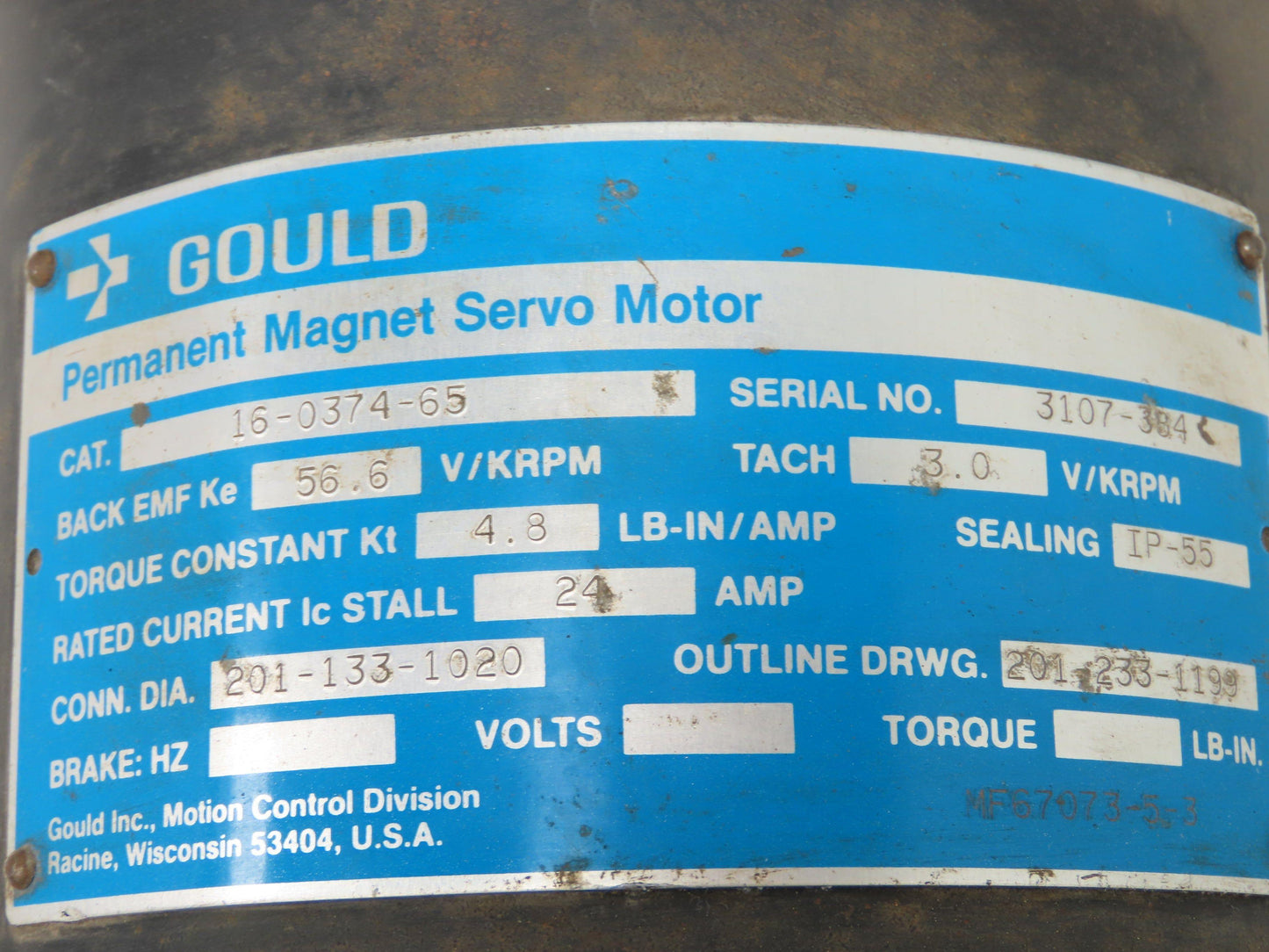 Gould 16-0374-65 Permanent Magnet Servo Motor 56 RPM 24A
