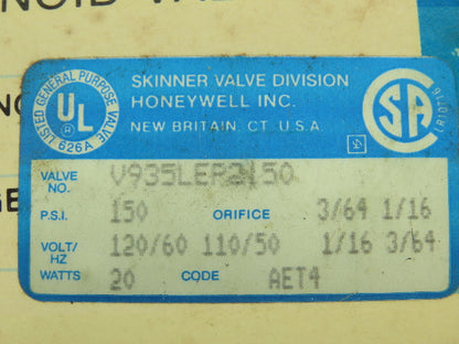 Honeywell Skinner V935LEP2150 Solenoid Valve 4-Way NO/NC 120V 150 PSI 1/4" NPT