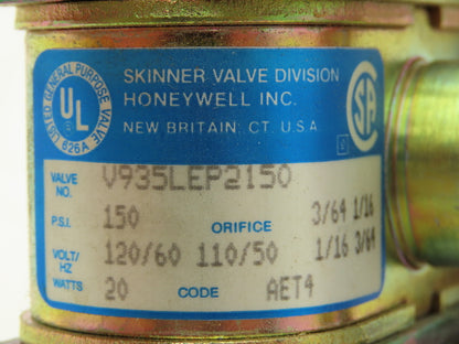 Honeywell Skinner V935LEP2150 Solenoid Valve 4-Way NO/NC 120V 150 PSI 1/4" NPT