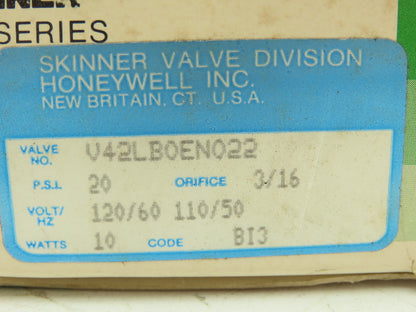 Honeywell Skinner V42LB0EN022 Solenoid Valve 2-Way NC 120V 20 PSI 1/4" NPT