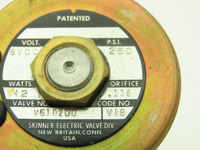 Honeywell Skinner V61D200 Solenoid Valve 2-Way NC 6VDC 250 PSI 1/4" NPT