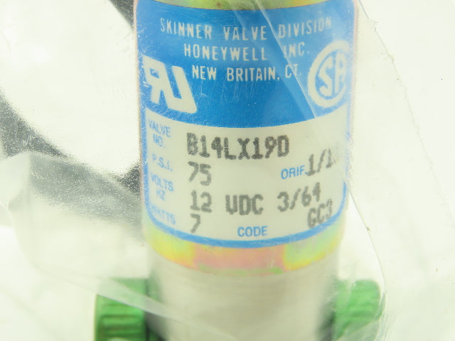 Honeywell Skinner B14LX19 Solenoid Valve 3-Way 12VDC 75 PSI 1/8" NPT Oxygen Use