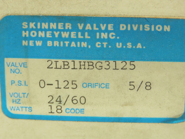 Honeywell Skinner 2LB1HBG3125 Lancer Solenoid Valve 2-Way NO 24VAC 125PSI 3/8NPT