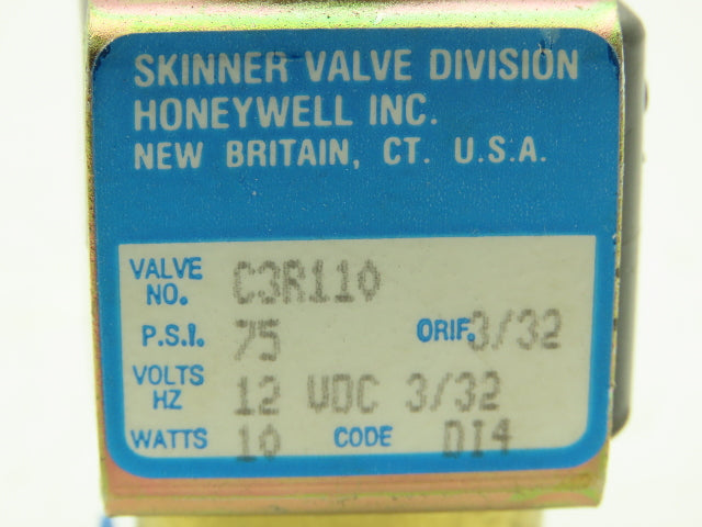 Honeywell Skinner C3R110 Solenoid Valve 3-Way NC 12VDC 75 PSI 1/8" NPT