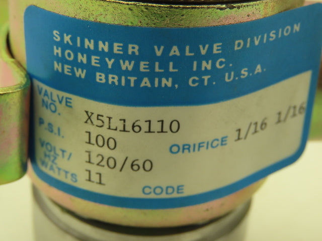 Honeywell Skinner X5L16110 Solenoid Valve 3-Way NC 120V 100 PSI 1/4" NPT